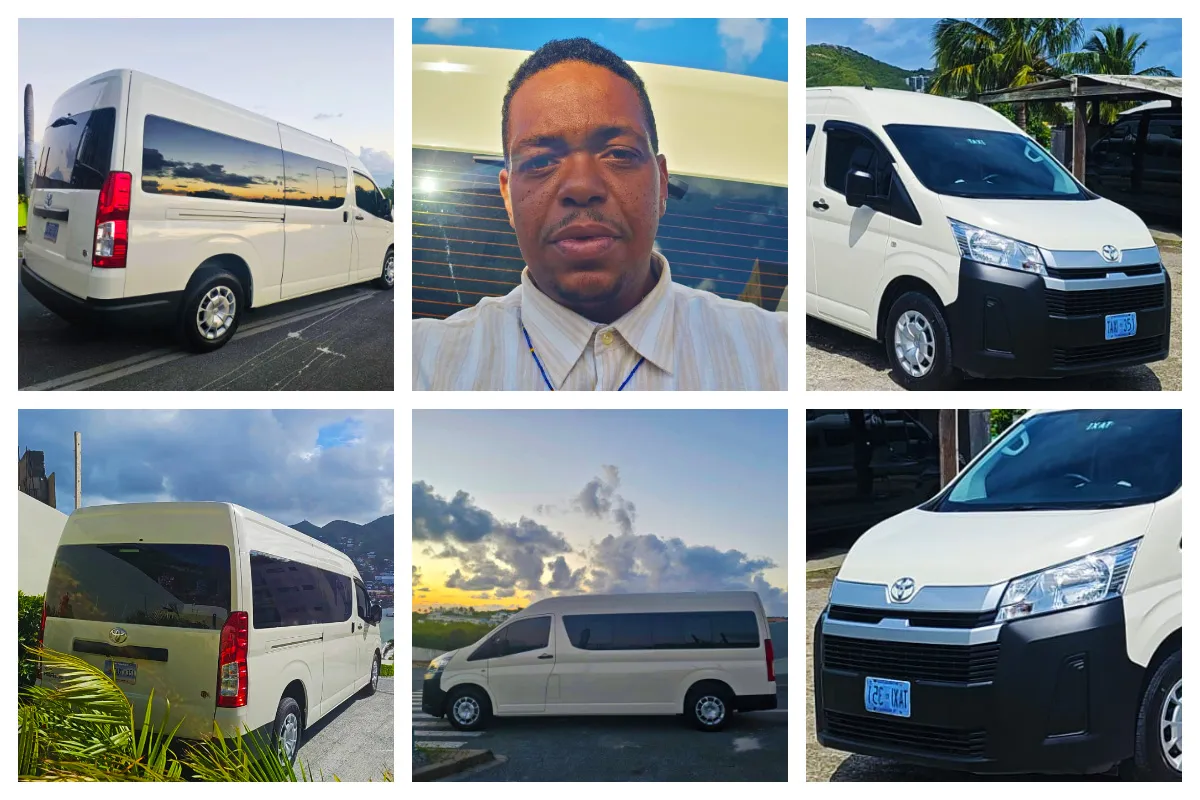 Markey’s 16-passenger Toyota Van taxi with spacious interior and friendly driver in St. Maarten. Markey - Taxi 351 - Toyota Haice, 14 Passengers, St. Maarten - St. Martin best Driver, Friendly and Passionate