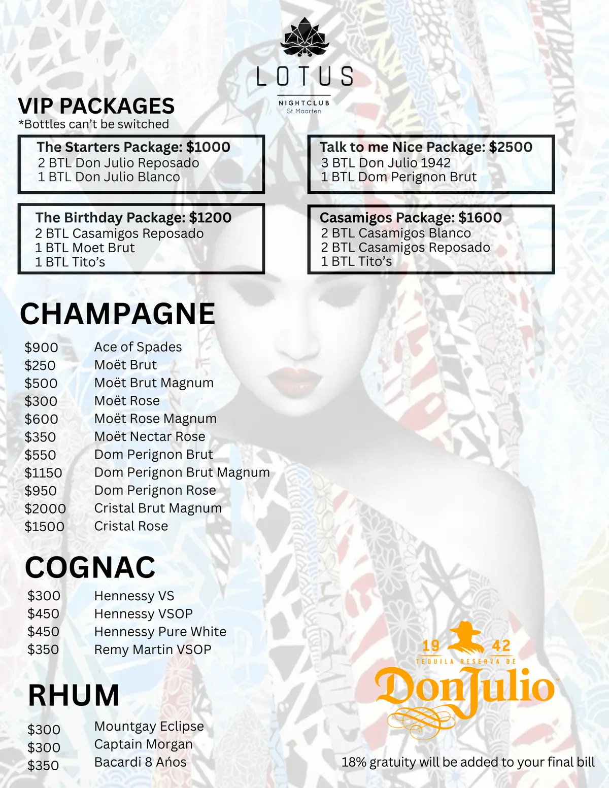 Lotus VIP Bottle Menu 2026: Tequila, Whisky, Vodka